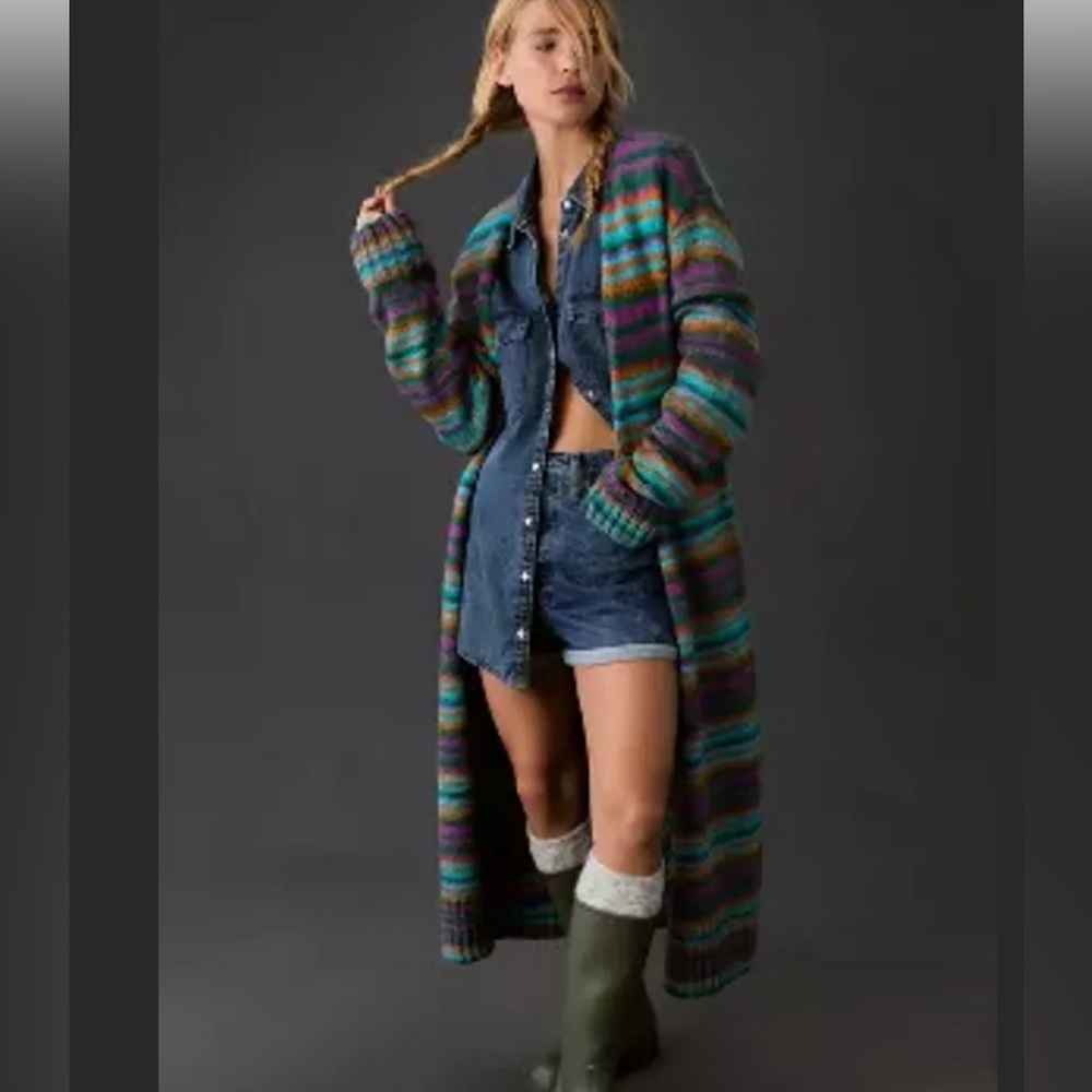 Anthropologie Long Open Cardigan Duster Sweater Multicolor Stripes Size S NWT